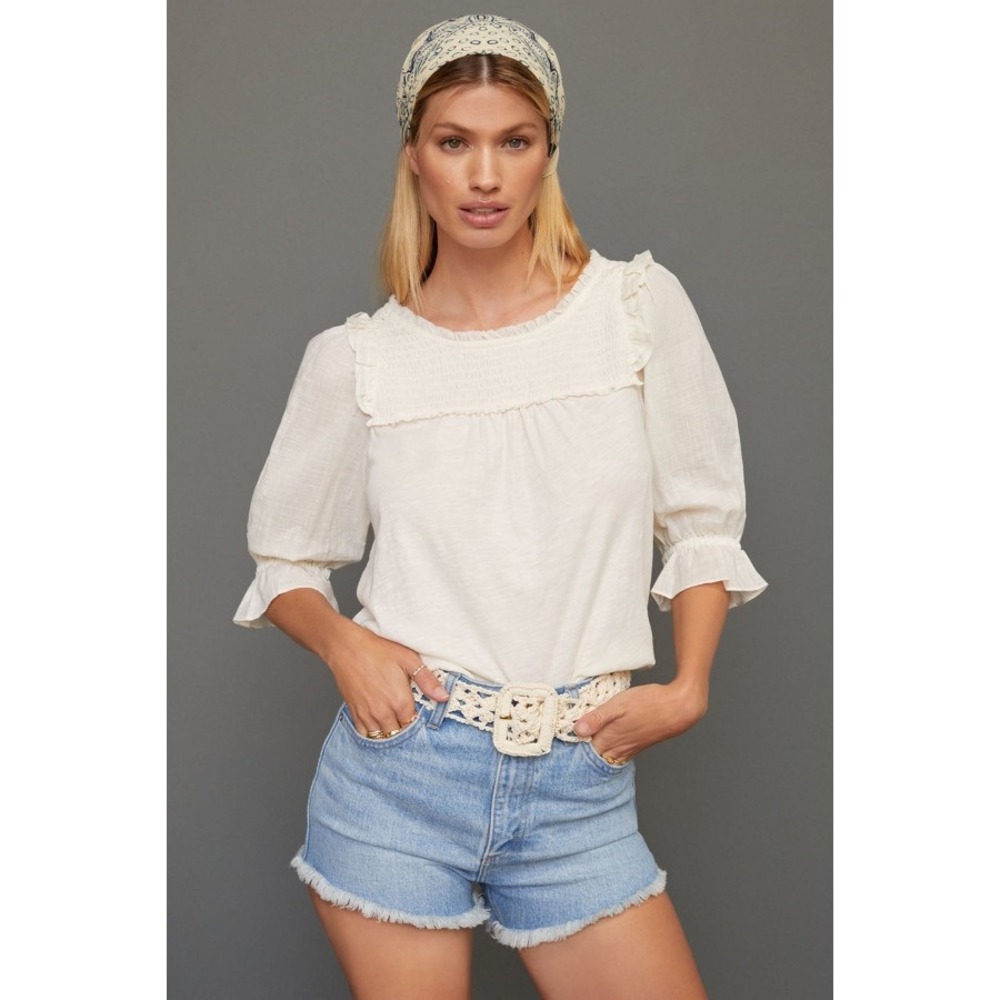 Anthropologie Keri Smocked Top in White Size XS Peasant Cottagecore Feminine
